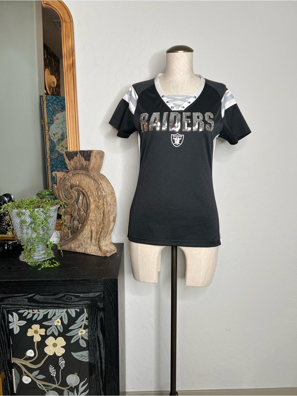 NFL Raiders Women's Black Lace-Up V-Neck Jersey with Silver Logo